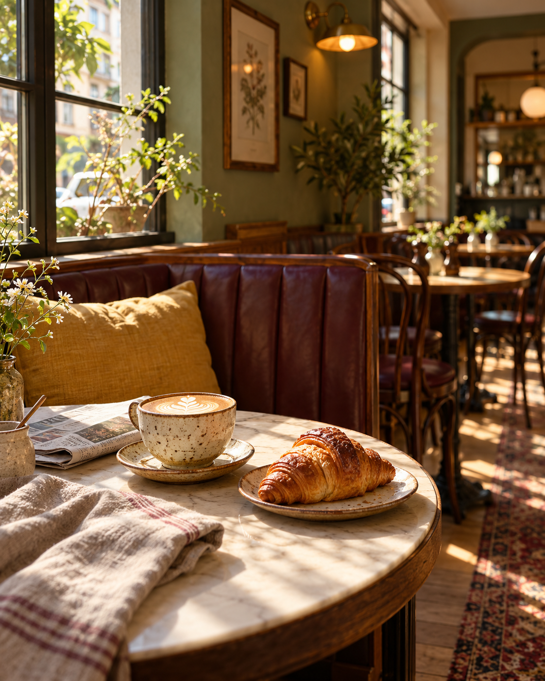Cappuccino and croissant on a sunlit table inside a cozy cafe